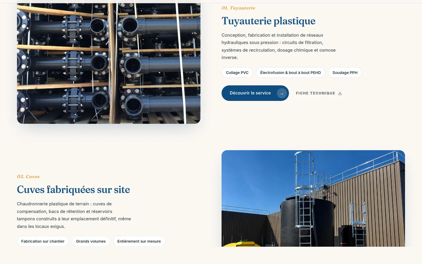Page Nos services du site AMTEI : tuyauterie plastique, cuves fabriquées sur site, avec photos de chantier