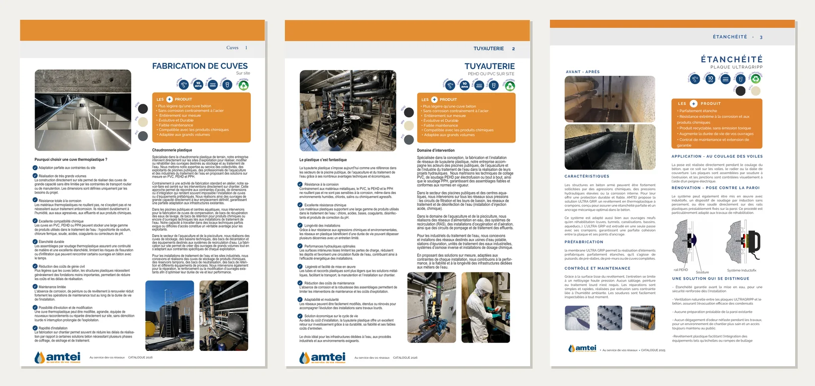 Trois fiches produits imprimées AMTEI : fabrication de cuves, tuyauterie, étanchéité