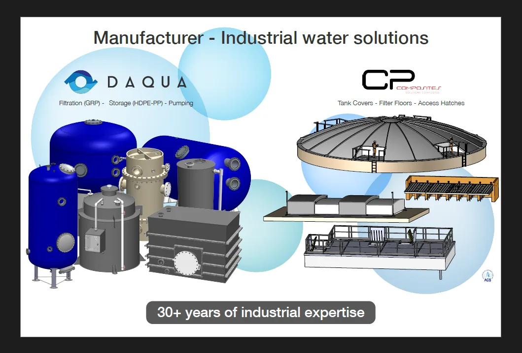 Visuel « Manufacturer — Industrial water solutions » présentant les équipements DAQUA pour le salon de Munich