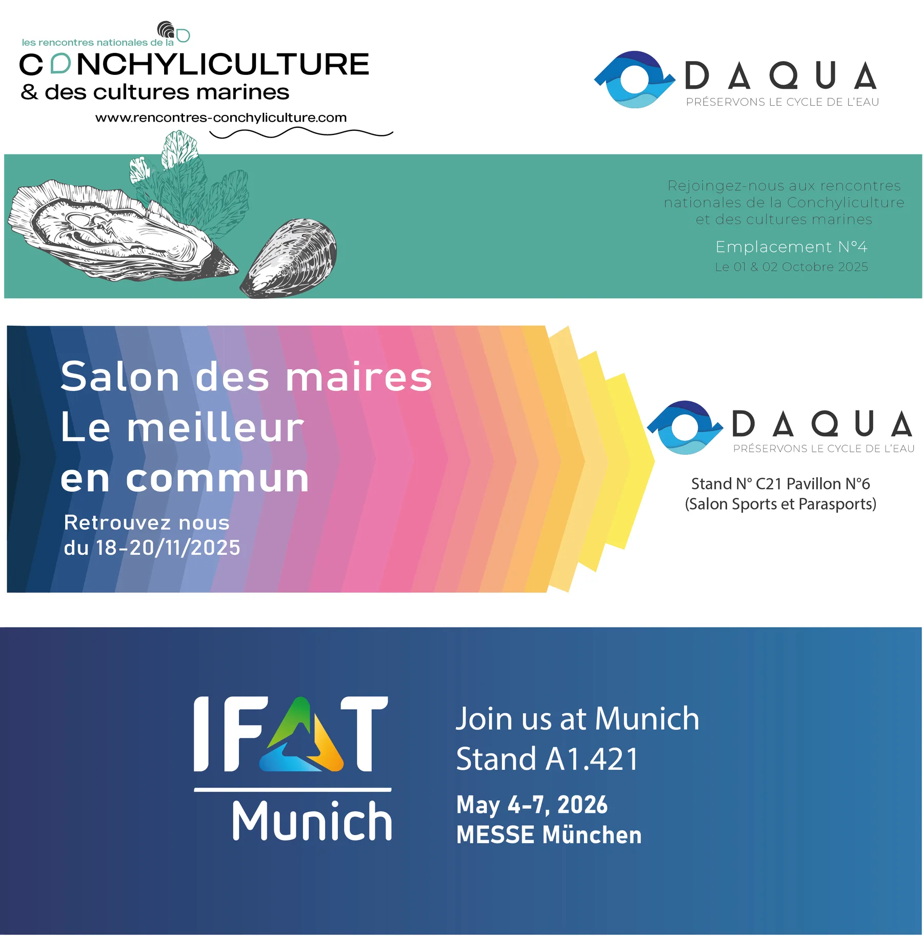 Trois bannières DAQUA : salon de la conchyliculture, Salon des maires, IFAT Munich